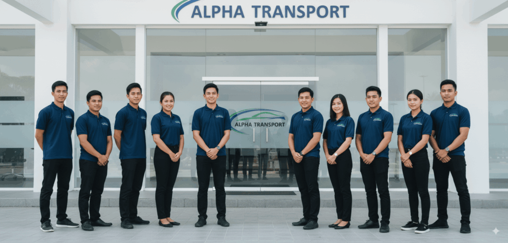 Alpha Transport staff team posing in front of company headquarters in Kuching, ready to assist car rental customers
