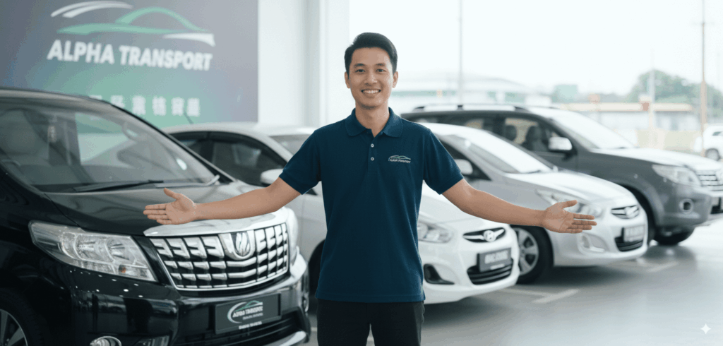 Smiling car rental agent welcoming customers at Alpha Transport showroom in Kuching, with a range of vehicles available for hire