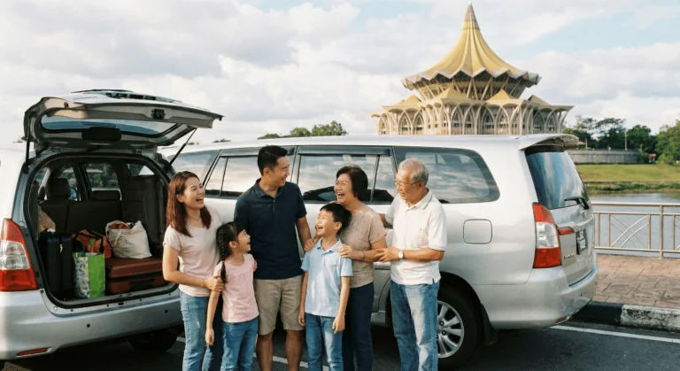 Family traveling together in a 7-seater MPV car rental in Kuching near the waterfront