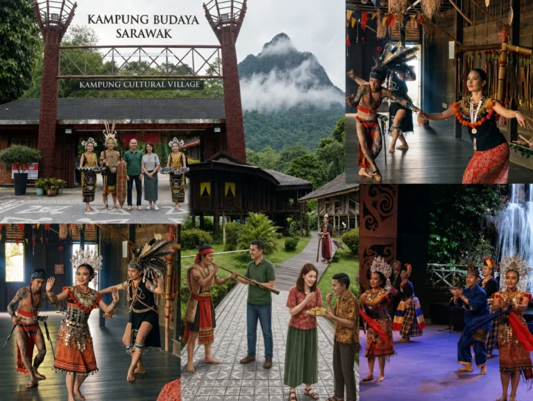 Pelancong melawat Kampung Budaya Sarawak dan menikmati tarian kebudayaan tradisional.